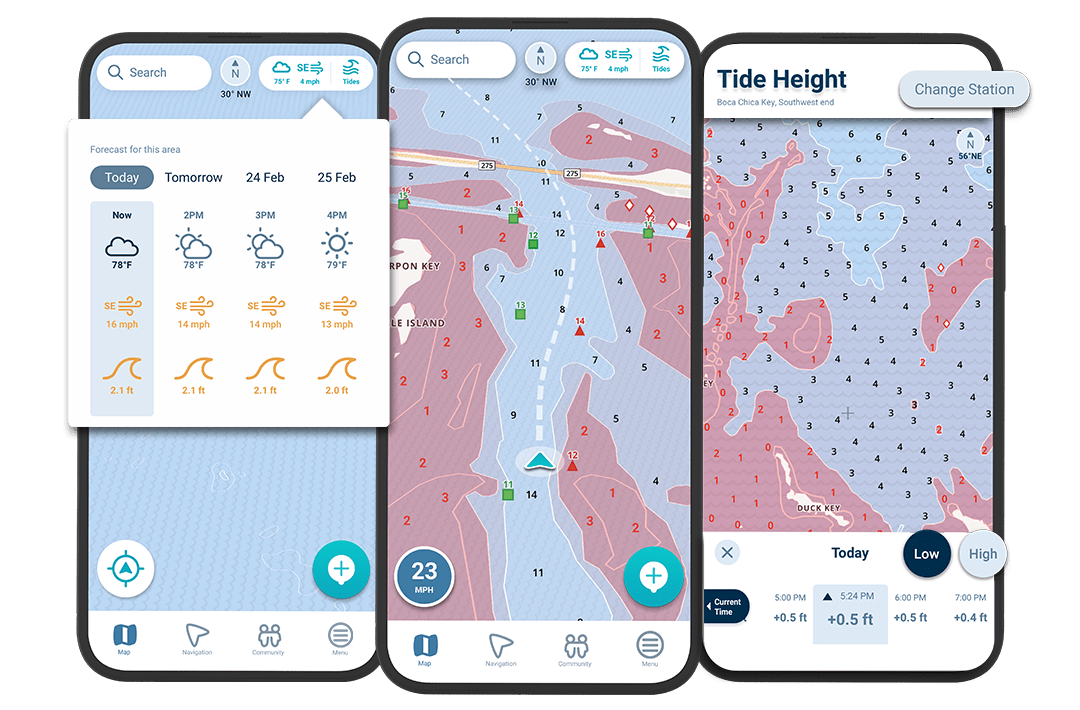wavve boating app weather, tides, and navigation features